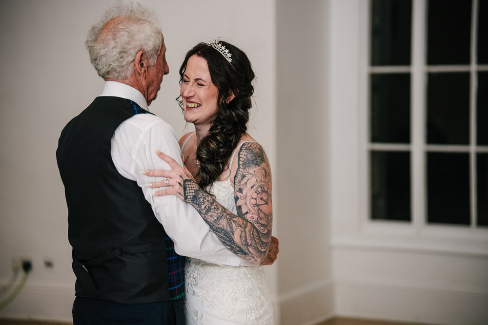 Candid father daughter wedding dance at Margam Orangery 