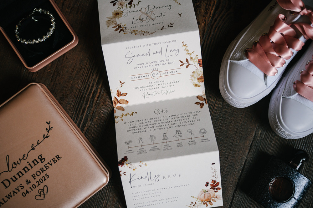 autumn coloured wedding details and invites