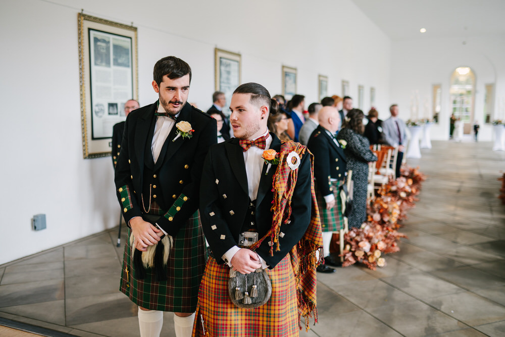 Burt Orange welsh tartan kilt for wedding in Margam Orangery 